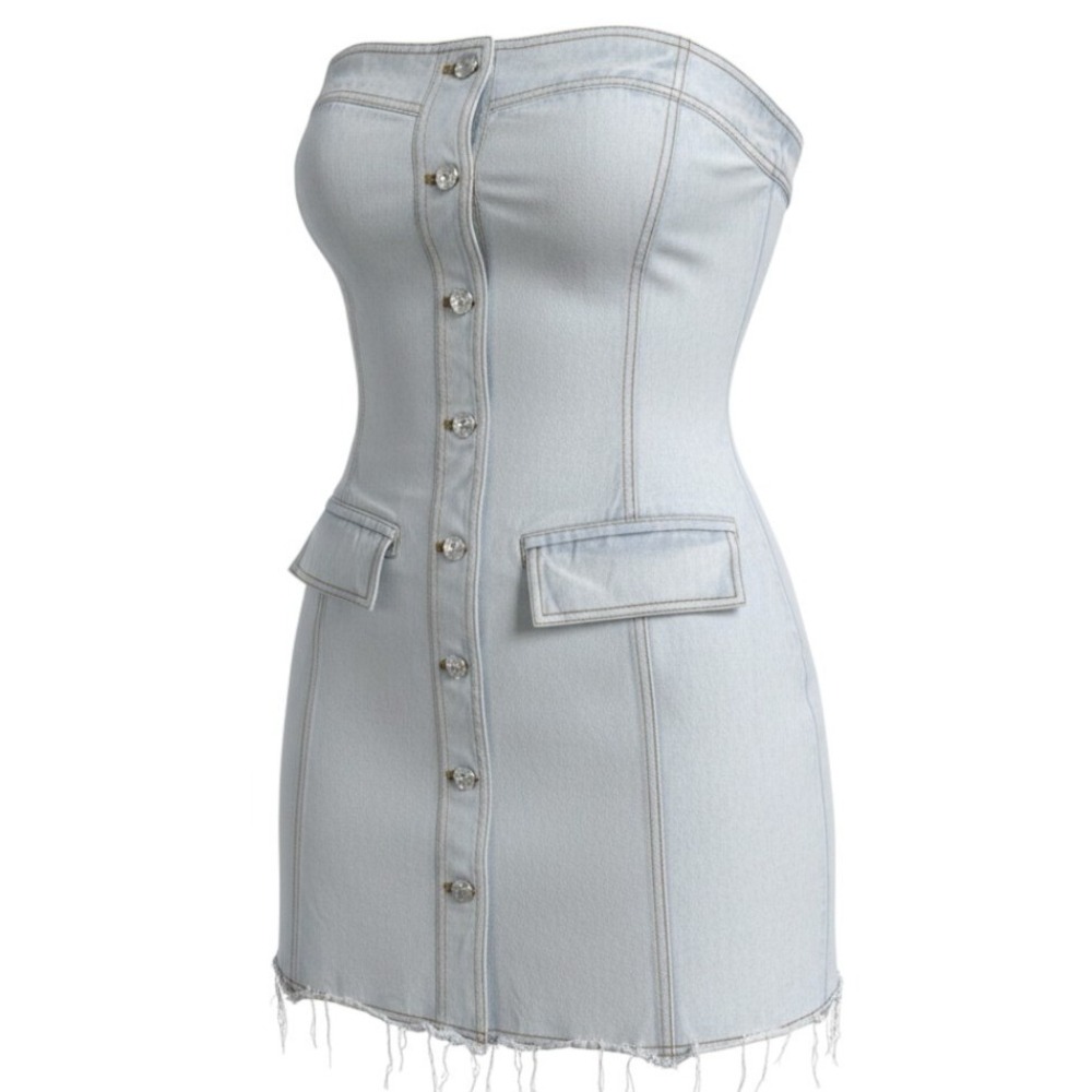 Lioness Strapless Denim Mini Dress Light Wash Button Front Raw Hem Size S